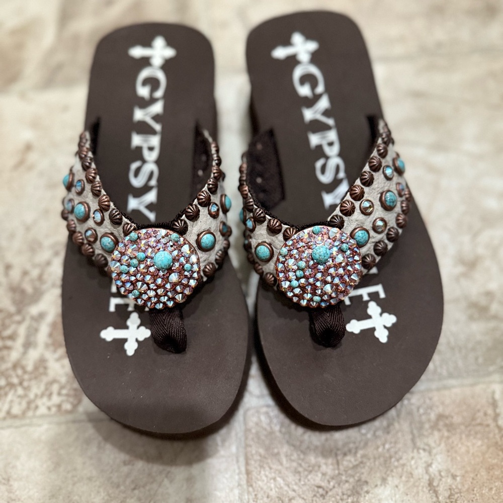Women's Brown and Turquoise Wedge Sandals